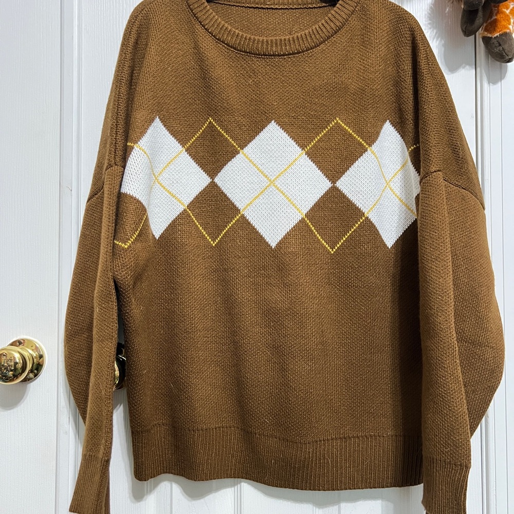Brown and White Crew Neck Argyle Sweater